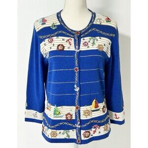 Just B Cardigan Sweater Blue Nautical Sequin Patches Small Grandmacore Fab